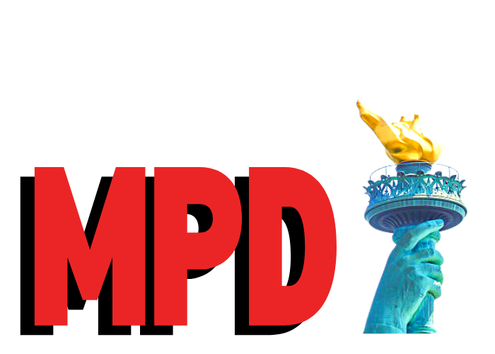 Red capital letters "M-P-D" followed by the raised hand of the Statue of Liberty holding the torch