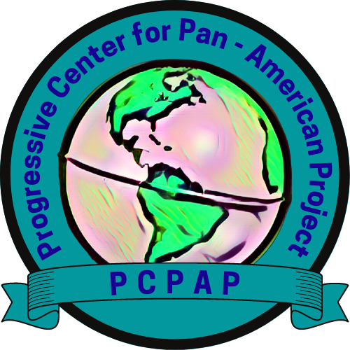 Cerulean circle around a vibrant green and pink globe focused on South America. Around the outside in blue lettering it reads: "Progressive Center for Pan-American Project"