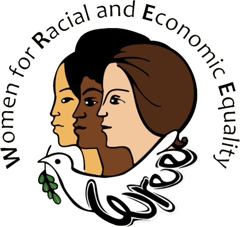 Profile of Asian, African, and White woman above a dove carrying an olive branch. Around the outside says Women for Racial and Economic Equality